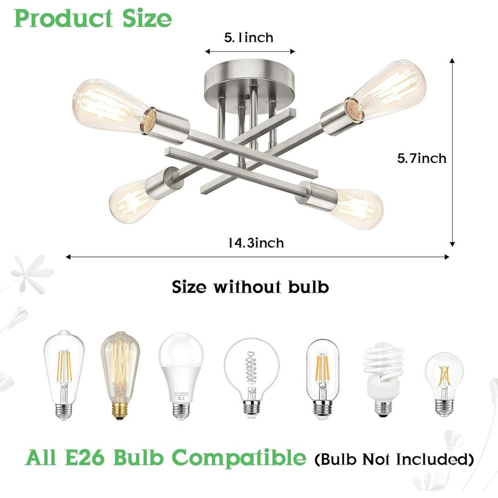 Brushed Nickle Semi Flush Mount Ceiling Lights, 4-Light Modern Industrial - Picture 4 of 7